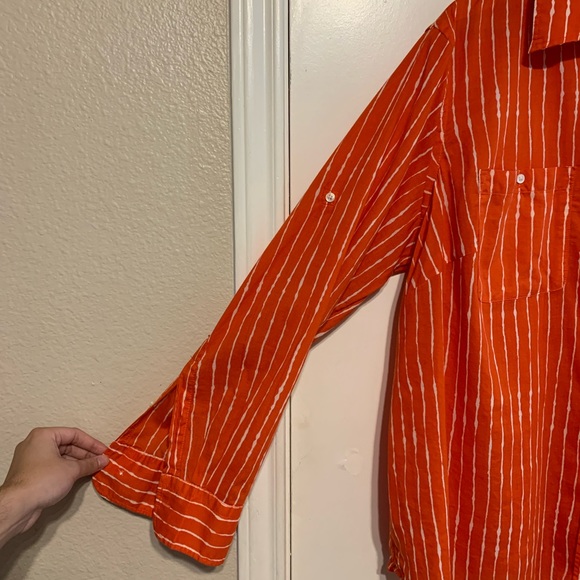 Lauren Ralph Lauren Button Up Orange Striped Cotton Top Size 2X - Picture 7 of 8